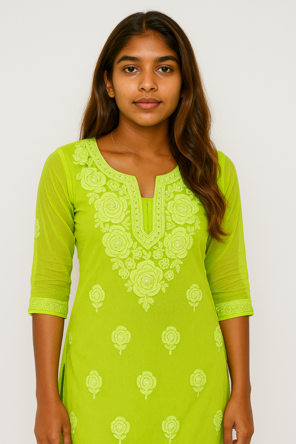 Vibrant Lime Green Chikenkari Kurti with Intricate Floral Embroidery