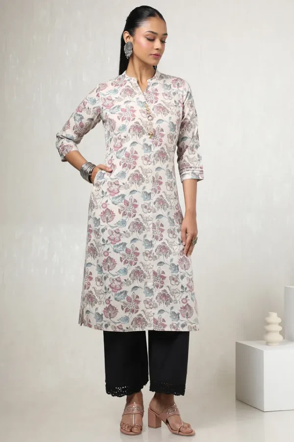 Beige_linen_floral_print_kurta_women