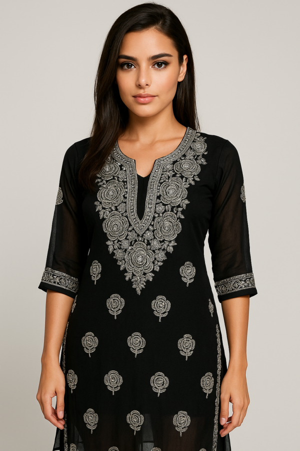 Elegant Black Chikenkari Kurti with Silver Embroidery