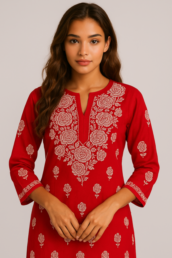 Red Chinkara with white Embroidery kurti