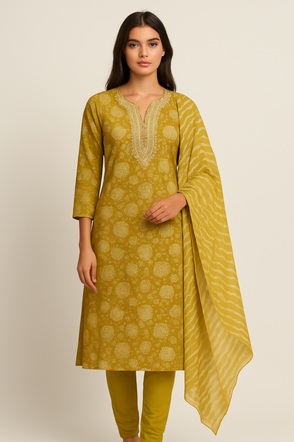 Mustard Yellow Printed Cotton Kurta Set with Embroidered Neckline and Striped Dupatta