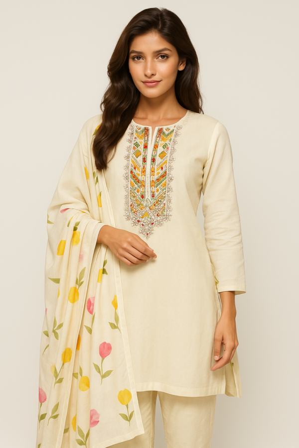 Elegant Cream Cotton Kurta Set with Floral Handblock Print Dupatta