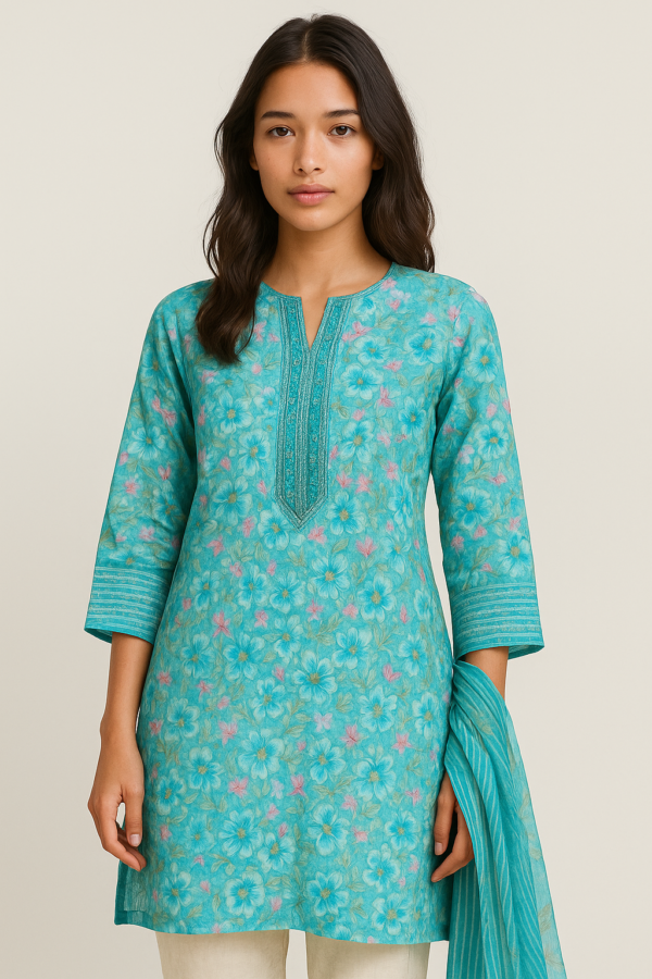 "Turquoise Floral Printed Kurta with Embroidered Neckline and Dupatta"