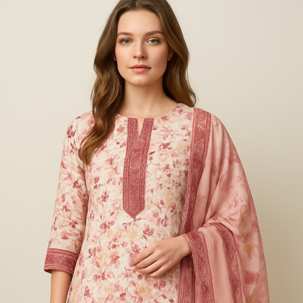 "Blush Pink Floral Printed Kurta with Embroidered Neckline and Dupatta"