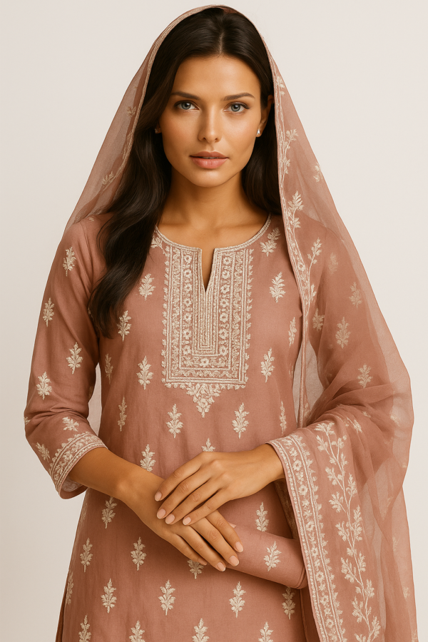 "Elegant Embroidered Chiffon Salwar Kameez Set in Dusty Rose with Dupatta"