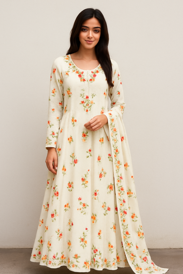 "Floral Printed White Anarkali Dress with Dupatta"