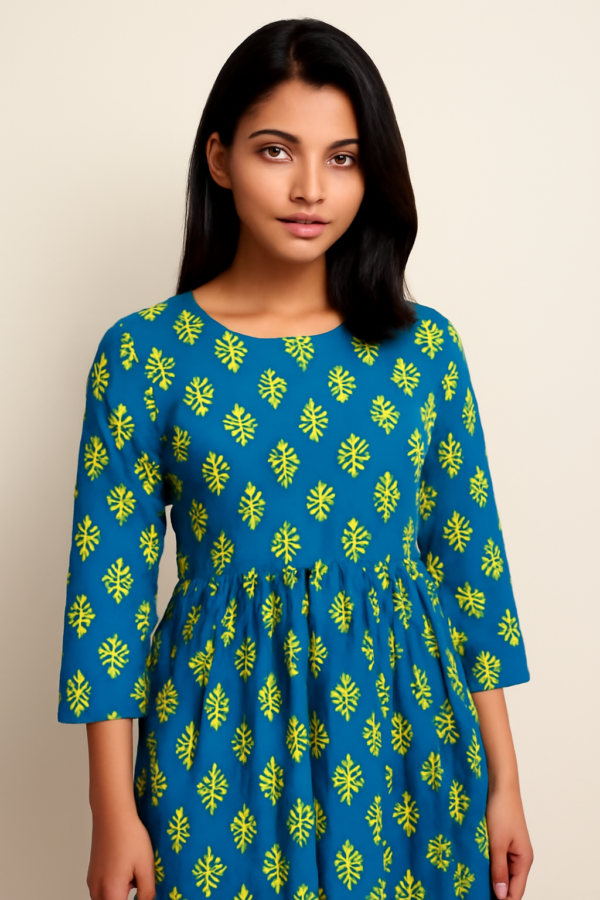 Blue Short Frock with Yellow Floral Print