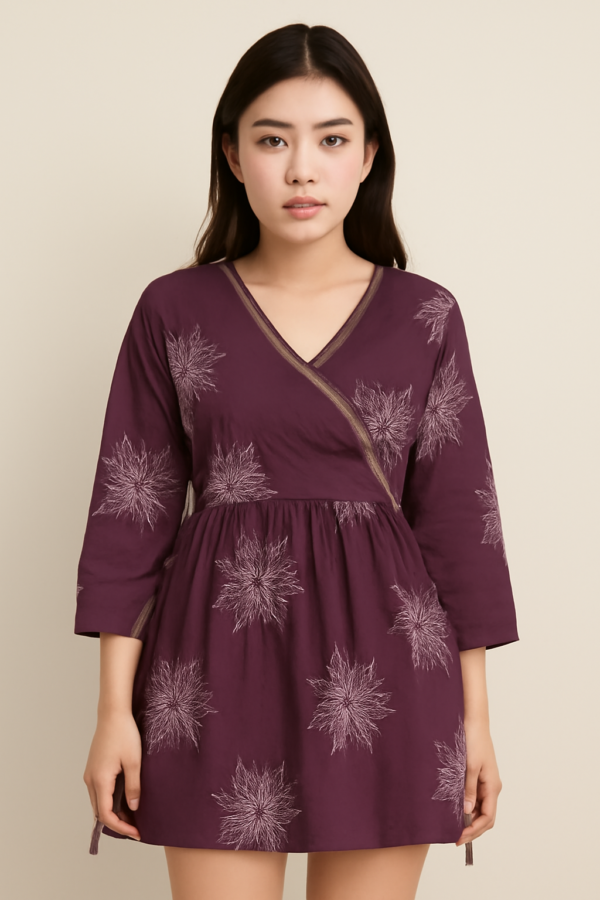 Maroon Wrap-Style Short Frock with White Floral Embroidery