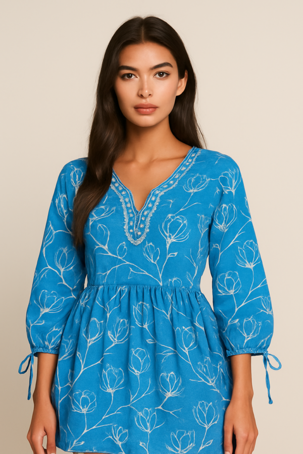 Sky Blue Floral Printed Short Frock with Embroidered Neckline