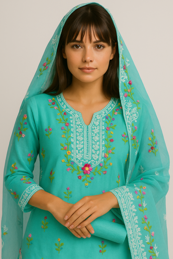"Embroidered Rama Green Kurta with Dupatta – Traditional Ethnic Wear for Women"
