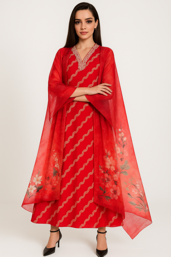 V-NECK RED RIYON ANARKALI SUIT