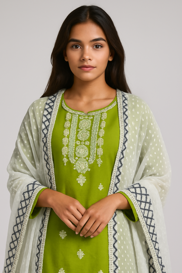 "Lime Green Embroidered Kurta Set with Polka Dot Dupatta"