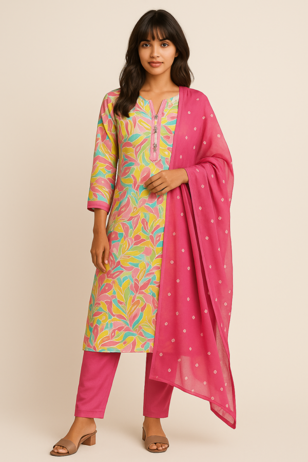 "Multicolor Leaf Print Kurta Set with Pink Solid Dupatta"