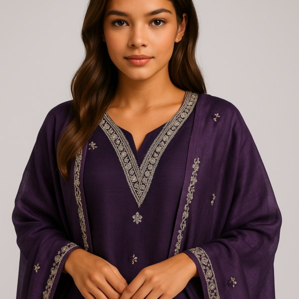"Elegant Purple Embroidered V Neck with Silver Detailing"