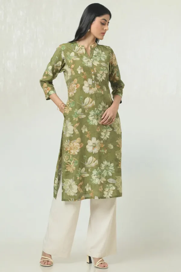 Olive_tissue_floral_print_kurta_women
