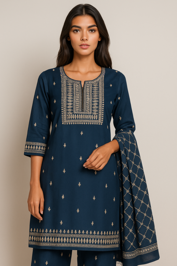 Embroidered Silk Navy Blue Kurta Set with Gold Detailing