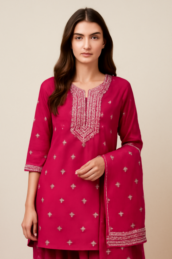 "Embroidered Silk Magenta Kurta Set with Silver Detailing"