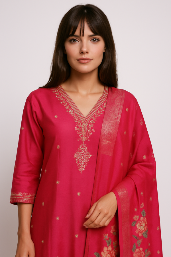 Vibrant V-neck Rani Pink Kurti with Elegant Golden Embroidery and Floral Dupatta