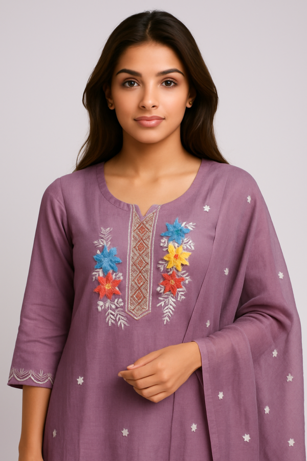 Lavender Cotton Kurti with Multicolor Floral Embroidery and Matching Dupatta