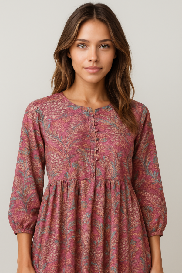 Mauve Handblock-Printed A-Line Kurti with Subtle Leaf Motifs and Front Button Placket
