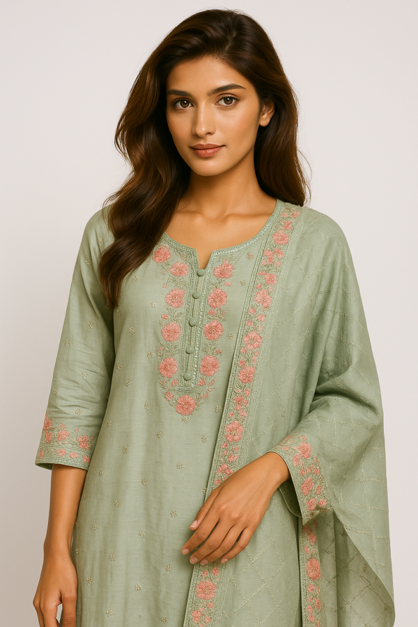 Pastel Green Kurti with Peach Floral Embroidery and Matching Dupatta