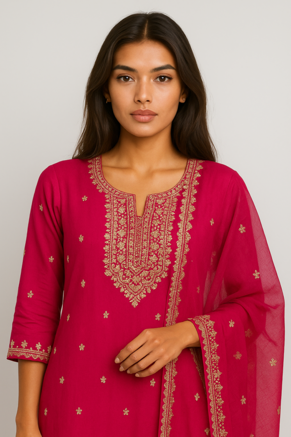 Festive Magenta Kurti with Intricate Golden Embroidery and Sheer Dupatta