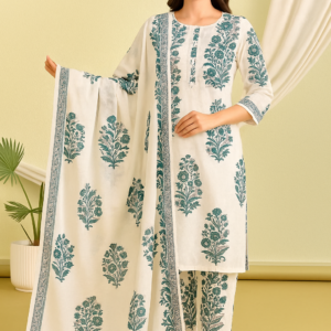white Floral Print Cotton Kurta Set