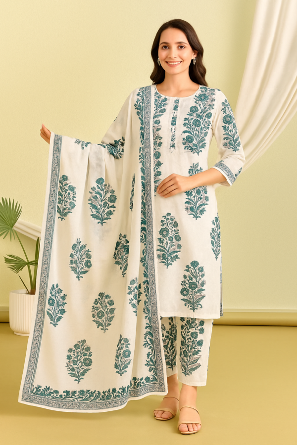 white Floral Print Cotton Kurta Set