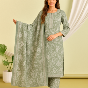 Sage Green Paisley Print Cotton Kurta Set