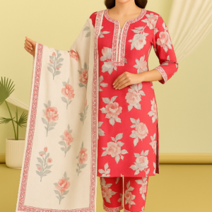 Peach Floral Cotton Kurta Set