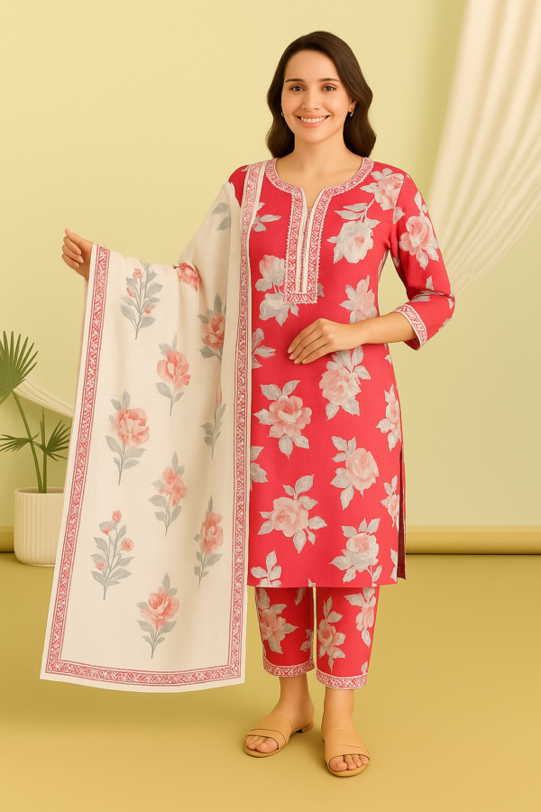 Peach Floral Cotton Kurta Set