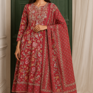 Maroon floral printed cotton anarkali set