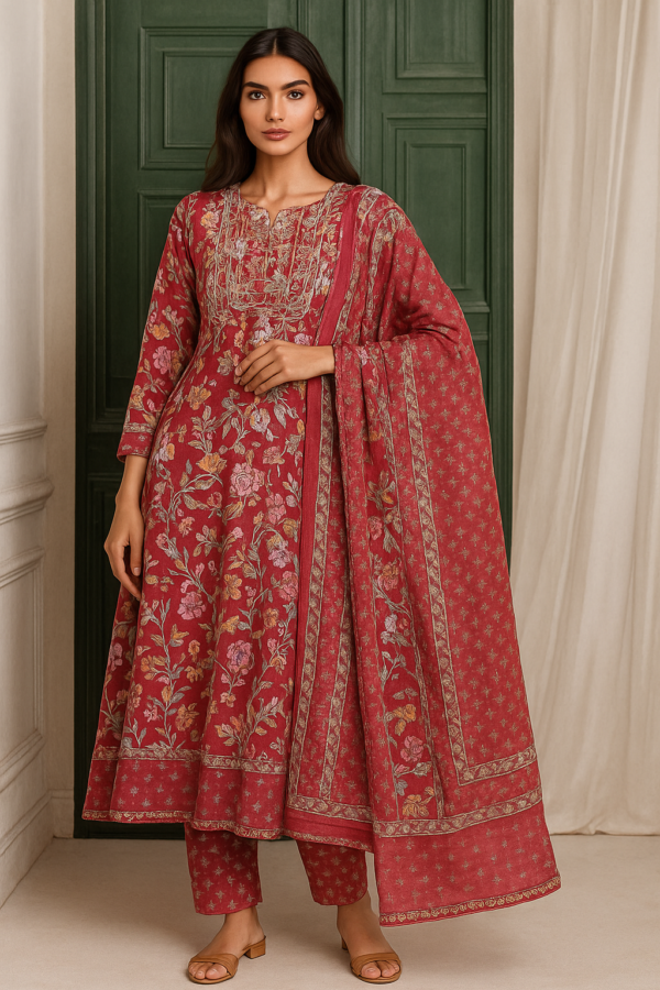 Maroon floral printed cotton anarkali set