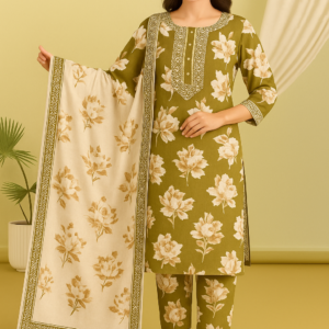 Olive Green Floral cotton Kurta Set