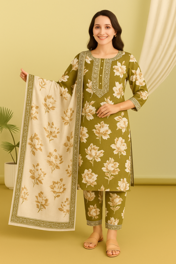 Olive Green Floral cotton Kurta Set