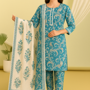 Teal Blue Paisley Print Cotton Kurta Set