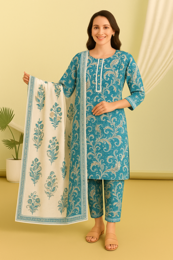 Teal Blue Paisley Print Cotton Kurta Set
