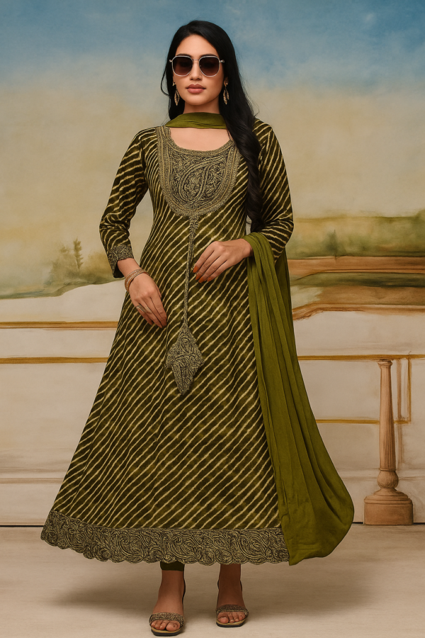 Olive Green Bandhej-Inspired Embroidered Anarkali Set - Image 2